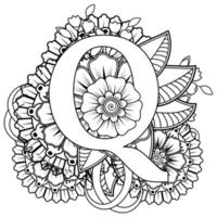 letra q com flor mehndi. ornamento decorativo em étnica oriental. delinear a ilustração vetorial de desenho à mão. vetor