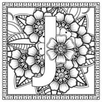 letra j com flor de mehndi. ornamento decorativo em étnica oriental. delinear a ilustração vetorial de desenho à mão. vetor
