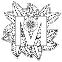 letra m com flor mehndi. ornamento decorativo em estilo étnico oriental. página do livro para colorir. vetor