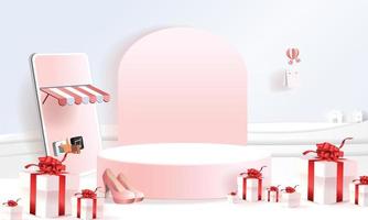 compras on-line no telefone com vetor de ilustração de caixa de presentes de fundo rosa moderno papel arte pódio.