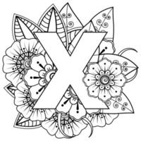 letra x com flor mehndi. ornamento decorativo em estilo étnico oriental. página do livro para colorir. vetor