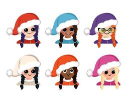 conjunto de menina de avatares de diferentes nacionalidades com olhos grandes e sorriso feliz no chapéu de Papai Noel. cabeça de criança com cara alegre em traje festivo de ano novo e natal. vetor
