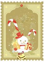 design de cartaz de feliz natal com chapéu de papai noel boneco de neve, caixa de presente vetor