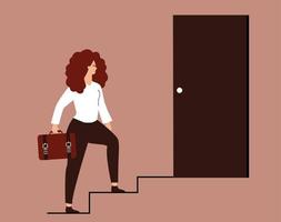empresária toma medidas para o sucesso. jovem subindo a escada da carreira. empresário confiante segura uma maleta, sobe na escada. objetivos profissionais, conceito de empoderamento das mulheres.