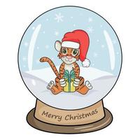 bola de cristal de Natal com paisagem de inverno, tigre e presente. ilustração vetorial estilo cartoon de fundo branco isolado. vetor