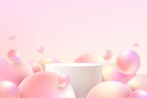 pódio de pedestal de cilindro realista branco e rosa com bola de esfera voadora ou bolha rosa. quarto de estúdio abstrato de vetor com plataforma geométrica 3d. cena mínima pastel para exibição de promoção de produtos.