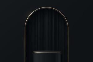 pódio de pedestal de cilindro realista preto e dourado com cortina na janela em forma de arco. quarto de estúdio abstrato de vetor com plataforma geométrica 3d. cena mínima de luxo para vitrine de produtos, exibição de promoção.