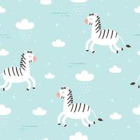 fundo de desenho animado animal padrão sem costura com zebra e nuvens flutuando no céu mão desenhada design em estilo infantil usado para tecidos, têxteis, papéis de parede ilustração vetorial vetor