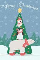 cartão de natal com árvore de natal e animais fofos, urso polar, coruja nevada, pinguim e a inscrição feliz natal vetor
