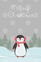 cartão de natal com um pinguim fofo e a inscrição feliz natal. vetor