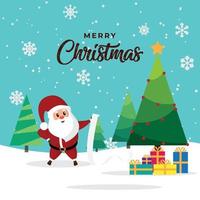 feliz natal desejando cartão com presentes de árvore de natal decorados de papai noel e flocos de neve vetor