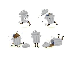ilustração de uma lata de lixo em diferentes situações. vetor. personagem para adesivos, limpadores de lixo. é proibido jogar lixo. cuidar da natureza, tirar o lixo. mascote. vetor