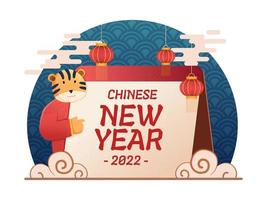 ilustração do ano novo chinês 2022 ano de tigre com desenho animado do zodíaco tigre bonito e calendário. pode ser usado para cartão postal, convite, banner, pôster, impressão, web, animação. vetor