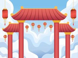 construção de portão chinês ou ilustração de arquitetura de construção paifang com lâmpada chinesa tradicional pendurada. feliz Ano Novo Chinês. pode usar para saudação de carro, cartão postal, convite, web, cartaz, banner. vetor