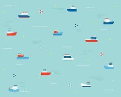 barcos com desenhos simples estão flutuando no mar cor de esmeralda. modelo de design de padrão simples. vetor