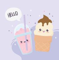 sorvete de sobremesa doce kawaii e desenho de bebida gelada vetor