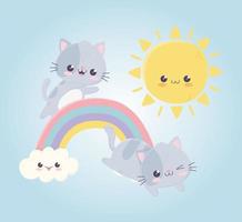 gatos bonitos dos desenhos animados kawaii brincando no sol do arco-íris vetor