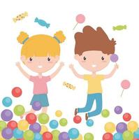 feliz dia das crianças, doces alegres de menino e menina e bolas coloridas vetor