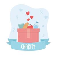 voluntariado, ajude a caixa de papelão de caridade com amor de garrafa de comida vetor