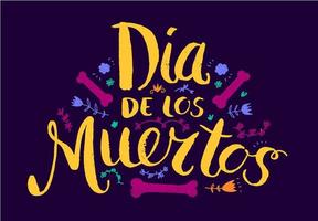 dia de los muertos, dia do cartaz de vetor morto ou cartão com ilustração de letras de texto em espanhol. desenhado à mão