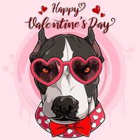 feliz dia dos namorados cabeça de cachorro pit bull usando óculos em forma de coração e gravata borboleta vermelha vetor