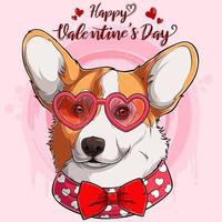 feliz dia dos namorados welsh corgi pembroke cabeça de cachorro usando óculos em forma de coração e gravata vermelha vetor