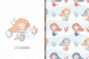 cartão de pequena sereia bonito e padrão perfeito para crianças vetor