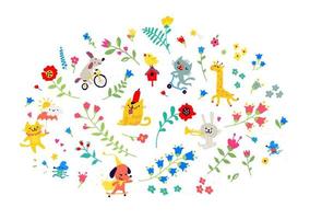 ilustração de um padrão de flores e animais engraçados. vetor. estilo de desenho animado. elementos florais para cartões ou saudações. cosméticos infantis, roupas, clube. ornamento de flores. vetor