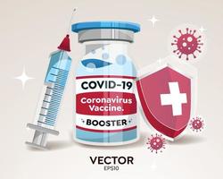vacina de reforço omicron, vacina contra o vírus corona três doses de vacina covid-19. dose de reforço para imunidade alta. seringas, frascos de vacina e escudos para resistir aos ataques do vírus omicron