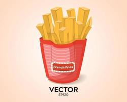 batatas vetoriais batatas fritas em caixa de embalagem de papelão vermelho, fast food - modelo de simulação de batatas fritas. batatas fritas na cesta de papel. série de comida e bebida e ingredientes para cozinhar. vetor