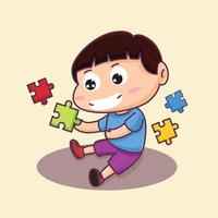 menino bonitinho jogando quebra-cabeça. sentar jogando. segurando um quebra-cabeça colorido. ilustração vetorial de desenho animado vetor