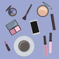 acessórios de cosméticos plana leigos e xícara de café. penteadeira. conceito de beleza, moda, glamour. desenho vetorial para salões de beleza, blogueiros, mídias sociais, sites, logotipo, cartões, etc. vetor