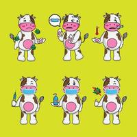 conjunto de desenhos animados bonito desenho de vaca com corona em diferentes poses vetor