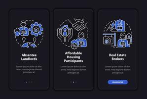 clientes de corretores de imóveis integrando a tela do aplicativo móvel no modo noturno. passo a passo imobiliário 3 passos páginas de instruções gráficas com conceitos lineares. ui, ux, modelo de gui. uma miríade de fontes regulares pró-negrito usadas vetor