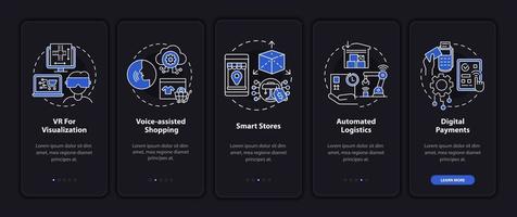 tecnologia digital do mercado de varejo integrando a tela da página do aplicativo móvel. passo a passo de negócios 5 passos instruções gráficas com conceitos. modelo de vetor ui, ux, gui com ilustrações de modo noturno linear