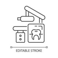 ícone linear do equipamento de raio-x odontológico. capturando a boca do paciente em uma imagem. procedimento radiográfico. ilustração personalizável de linha fina. símbolo de contorno. desenho de contorno isolado de vetor. traço editável vetor