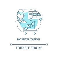 ícone de conceito azul de hospitalização. ilustração de linha fina de idéia abstrata de tratamento de pneumonia. ficar no hospital. internação de emergência. desenho de cor de contorno isolado de vetor. traço editável vetor