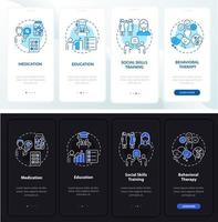 tela de página de aplicativo móvel de integração de gerenciamento de TDAH adulto. medicação passo a passo 4 passos instruções gráficas com conceitos. modelo de vetor ui, ux, gui com ilustrações lineares de modo noturno e diurno