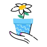 mão segurando um lindo vaso de flores, ícone plano editável vetor