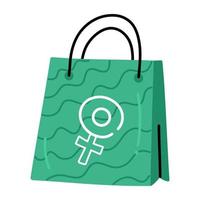 bolsa com sinal de gênero feminino, ícone plano de sacola de compras vetor