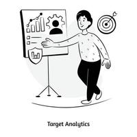 gráfico de dados com alvo e roda dentada, ilustração desenhada à mão de análise de destino vetor