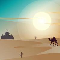 design de plano de fundo no deserto com silhueta de camelo viajando como saudação vetor