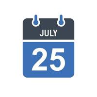 ícone de data do calendário de 25 de julho vetor