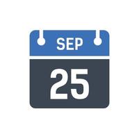 ícone de calendário de 25 de setembro, ícone de data vetor