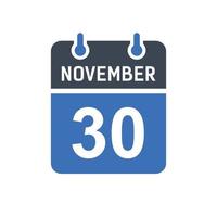 ícone de data do calendário de 30 de novembro vetor