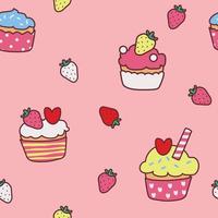 design de padrão de desenhos animados de cupcake de morango. fundo rosa doce. o padrão vibrante e fofo perfeito em uma moda de menina ou bebê, frutas de morango coloridas frescas e suculentas no verão ilustração vetorial vetor