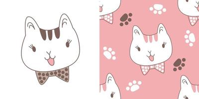 padrão de desenhos animados bonitos de gato branco. pata de gato no fundo rosa. o padrão bonito sem costura em uma menina, menino, doodle de gato isolado de moda bebê. design vetorial para moda, fundo, tecido, papel de parede. vetor