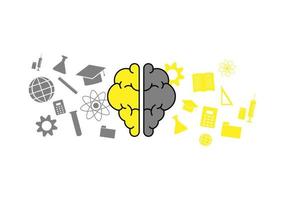 conceito criativo e de aprendizagem. cor amarela e cinza de um cérebro humano com ícones de educação em fundo branco. vetor