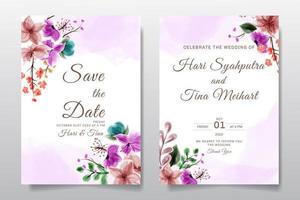 cartão de convite de casamento com fundo de design de flores ou folhas em aquarela vetor