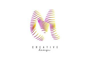 logotipo da letra m com linhas torcidas coloridas vibrantes. ilustração vetorial criativa com zebra, linhas de padrão de impressão digital. vetor